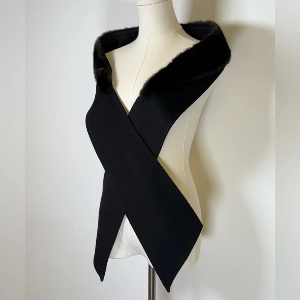 Vintage Black Fur-Trim Cashmere Scarf Elegant Luxurious Estate Sale Piece